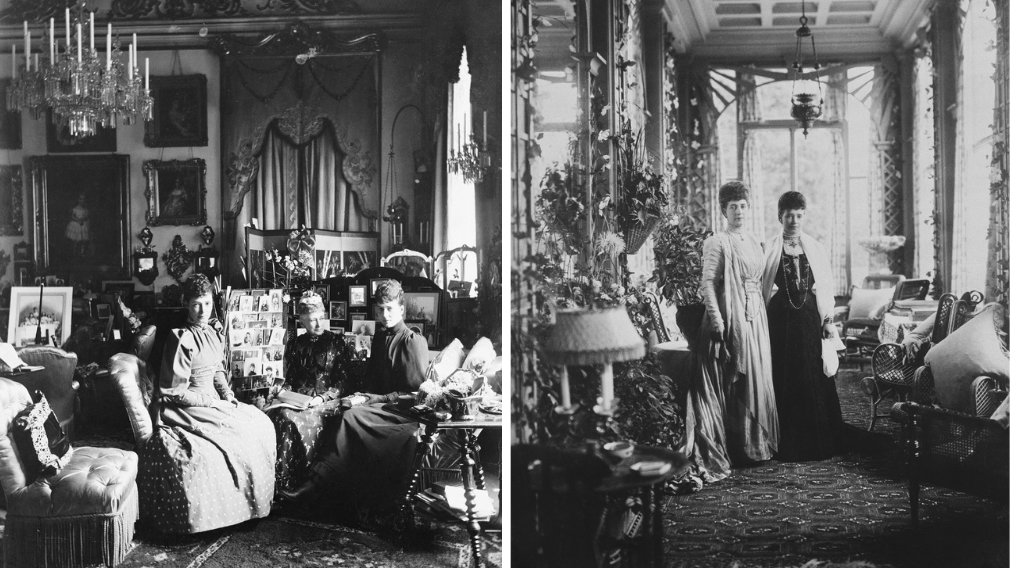 Left: Mary Steen, Empress Maria Feodorovna of Russia, Queen Louise of Denmark and Alexandra, Princess of Wales at Amalienborg Palace, 1892 (RCIN 2927326). Right: Mary Steen, Queen Alexandra and Dowager Empress Maria Feodorovna of Russia, Hvidøre, c. 1908 (RCIN 2926689) Left: a photograph of Empress Maria Feodorovna of Russia, Queen Louise of Denmark and Alexandra, Princess of Wales at Amalienborg Palace. Right: a photograph of Queen Alexandra (1844-1925) and her sister Dowager Empress Maria Feodorovna of Russia (1847-1928), standing in the conservatory at Hvidøre.