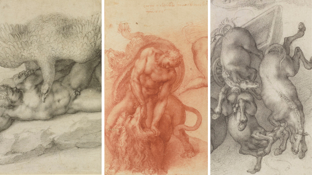 Left: The Punishment of Tityus (detail), 1532 (RCIN 912771). Centre: Three Labours of Hercules (detail), c. 1530 (RCIN 912770). Right: detail of The Fall of Phaethon (detail), c. 1533 (RCIN 912766) Detail of Michelangelo's The Punishment of Tityus, Three Labours of Hercules, and The Fall of Phaethon.