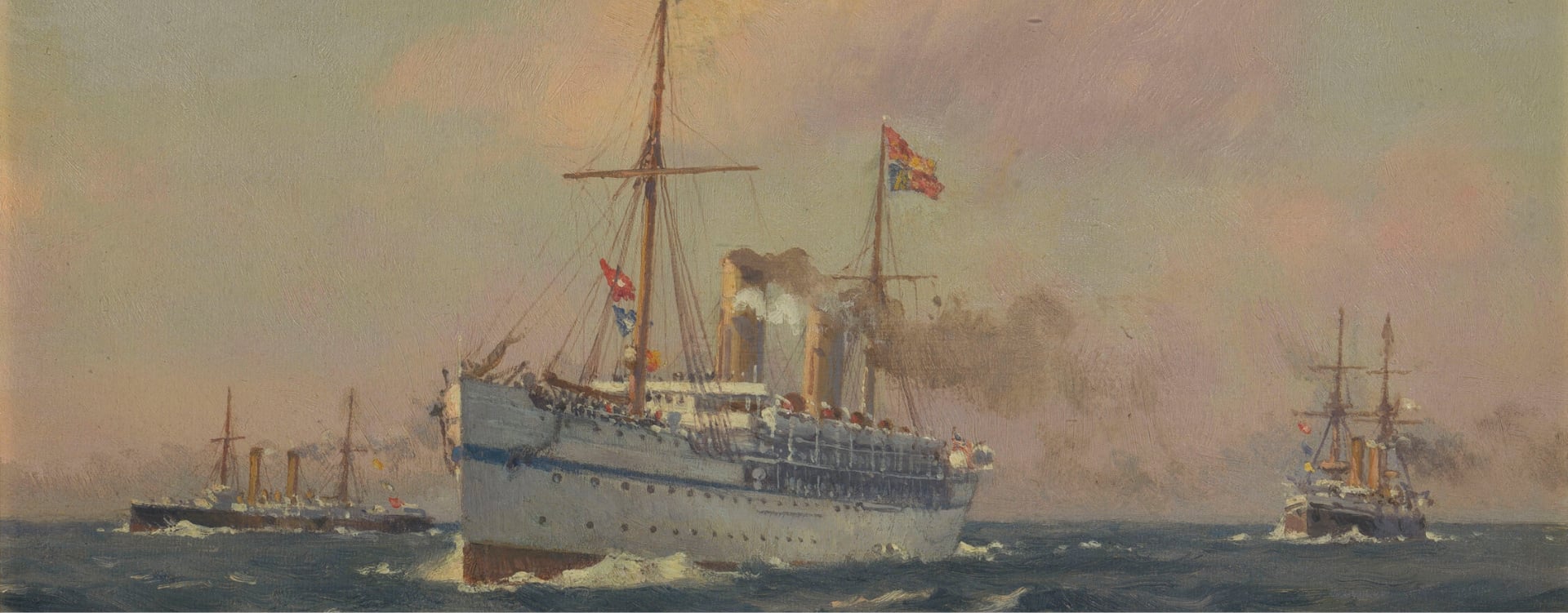 The 1901 Ophir Tour and Ceremonies of Gift-Giving. A painting of a ship on the ocean