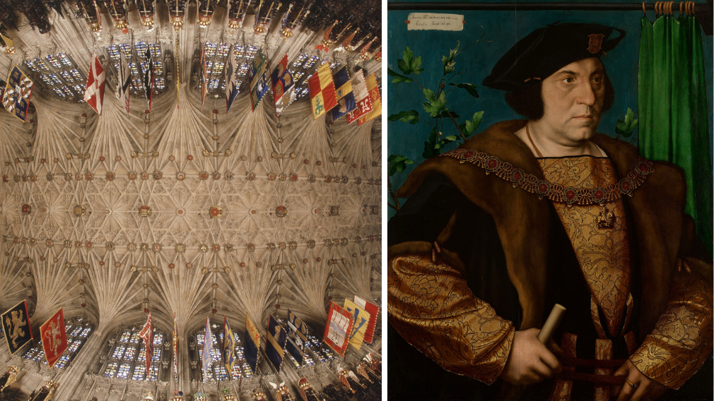 A photograph of the banners of the Knights of the Garter at St George's Chapel (left) and Hans Holbein the Younger's painting of Sir Henry Guildford (right).