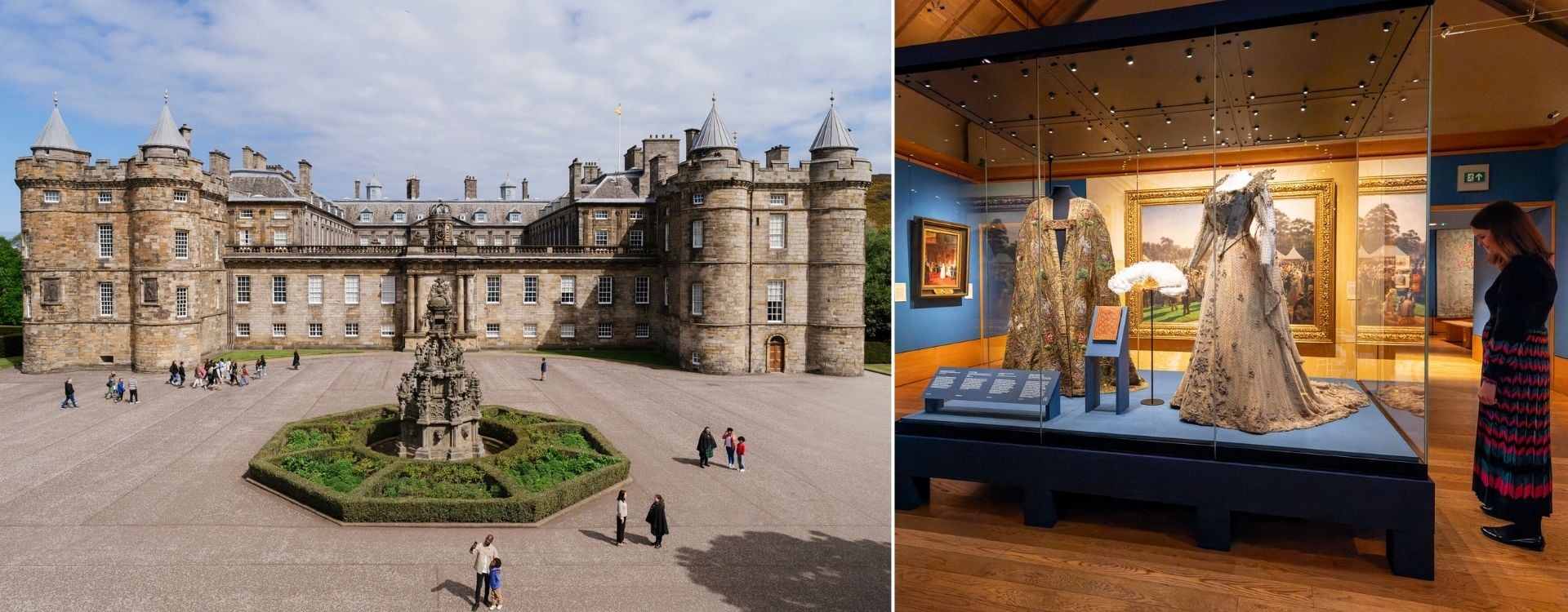 The Palace of Holyroodhouse | The Edwardians Age of Elegance exhibition (Photographer: Jane Massey) Split image with the exterior of the Palace of Holyroodhouse on the left, and the interior of The Edwardians exhibition on the right.