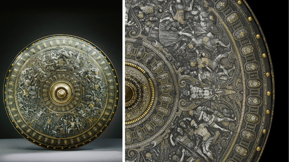 Attributed to Eliseus Libaerts, Parade shield ('The Cellini Shield'), mid-16th century (RCIN 62978) Circular parade shield with spiked central boss, richly damascened and decorated with scenes from Julius Caesar’s life.