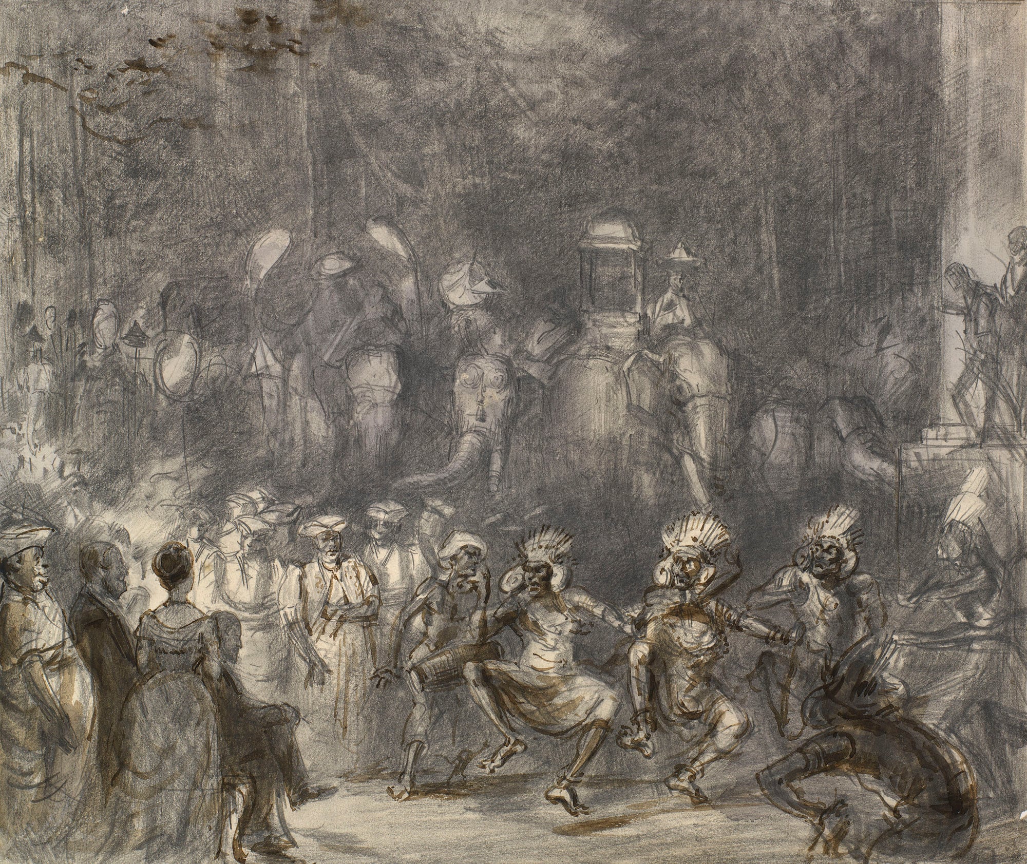 A pencil and ink drawing depicting Albert Edward, Prince of Wales watching a Pera-hera rehearsal, with a procession of elephants and a group of masked dancers.
