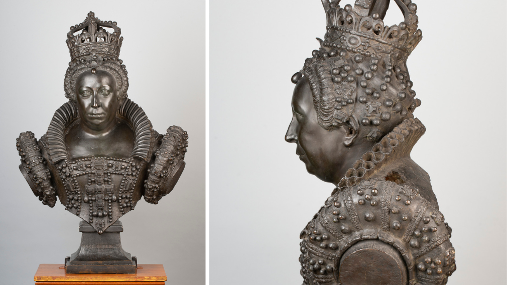 A life size bronze bust of Catherine de'Medici, queen consort of King Henri II of France, wearing a crown with four beaded arches, the point at which arch rises masked by a large fleur-de-lis, and further incomplete fleur-de-lis in the intervals.