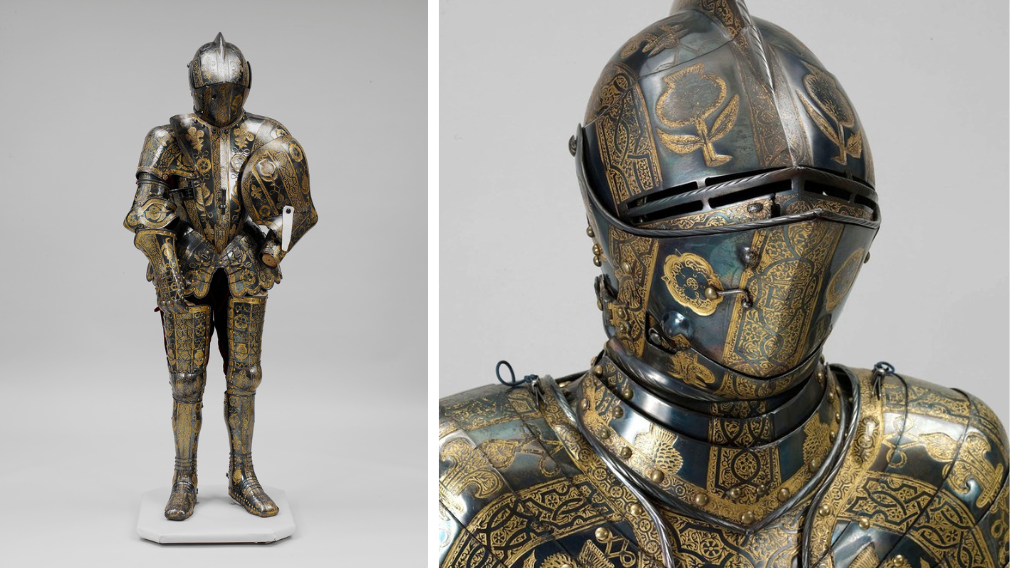Jacob Halder, Armour garniture of Henry, future Prince of Wales, for the field, tourney, tilt and barriers, c. 1608 (RCIN 72831) Blued steel armour made for Henry, Prince of Wales, designed for barriers, field combat, tourney, and tilt; adorned with etched and gilt decoration featuring HP monograms and alternating bands of thistles, Tudor roses, and arabesques.