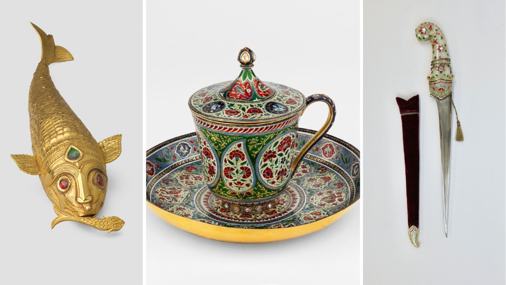 Photographs of three gifts presented to the Prince of Wales: a gold fish inlaid with rubies to represent its eyes; an ornate cup, cover and saucer decorated with patters of birds and flowers; and a dagger and scabbard with a jade hilt.
