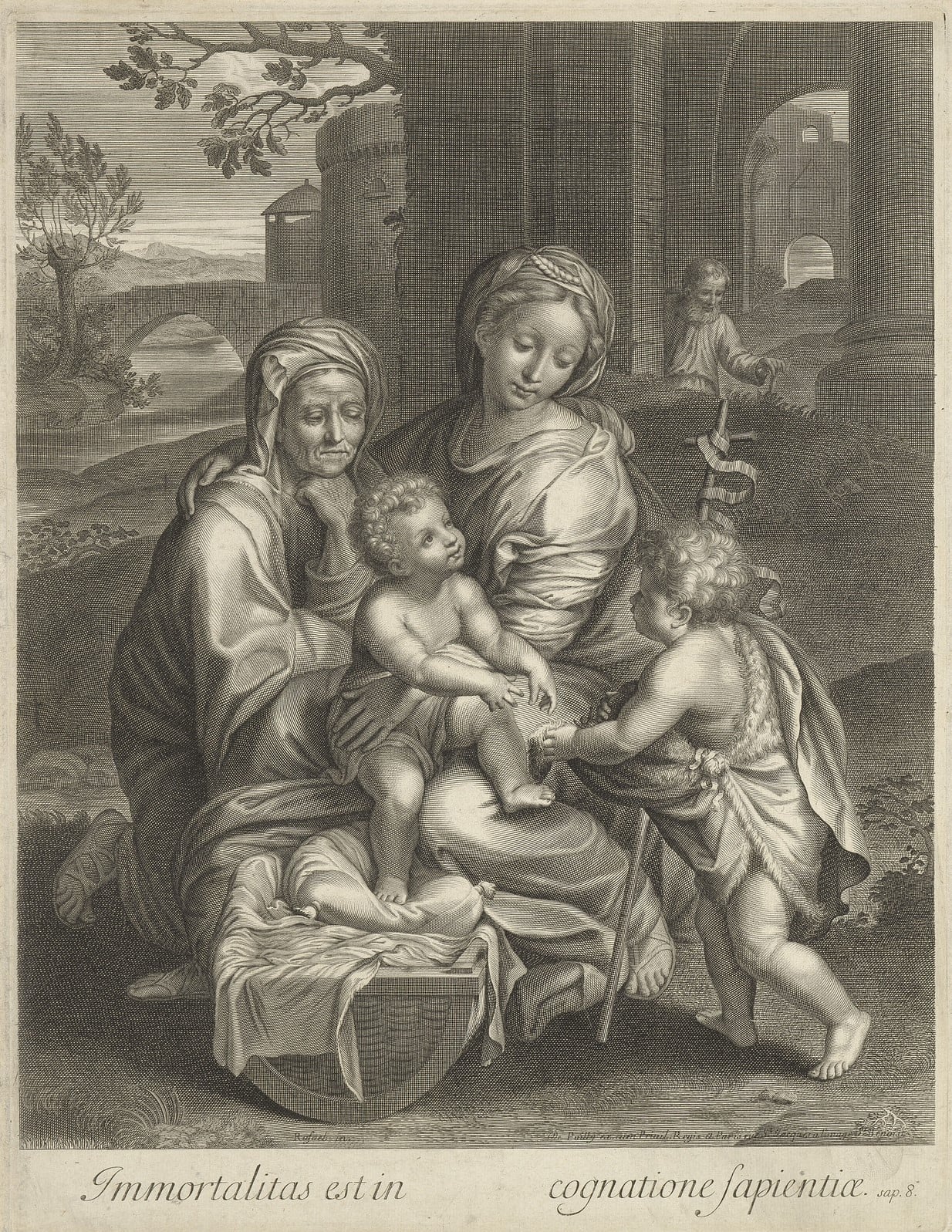 Holy Family with St Anne and the Infant Baptist (La Perla) after Raphael, by de Poilly. The engraving reproduces (in reverse) the composition of the so-called La Perla, which is now in the Museo del Prado, Madrid.