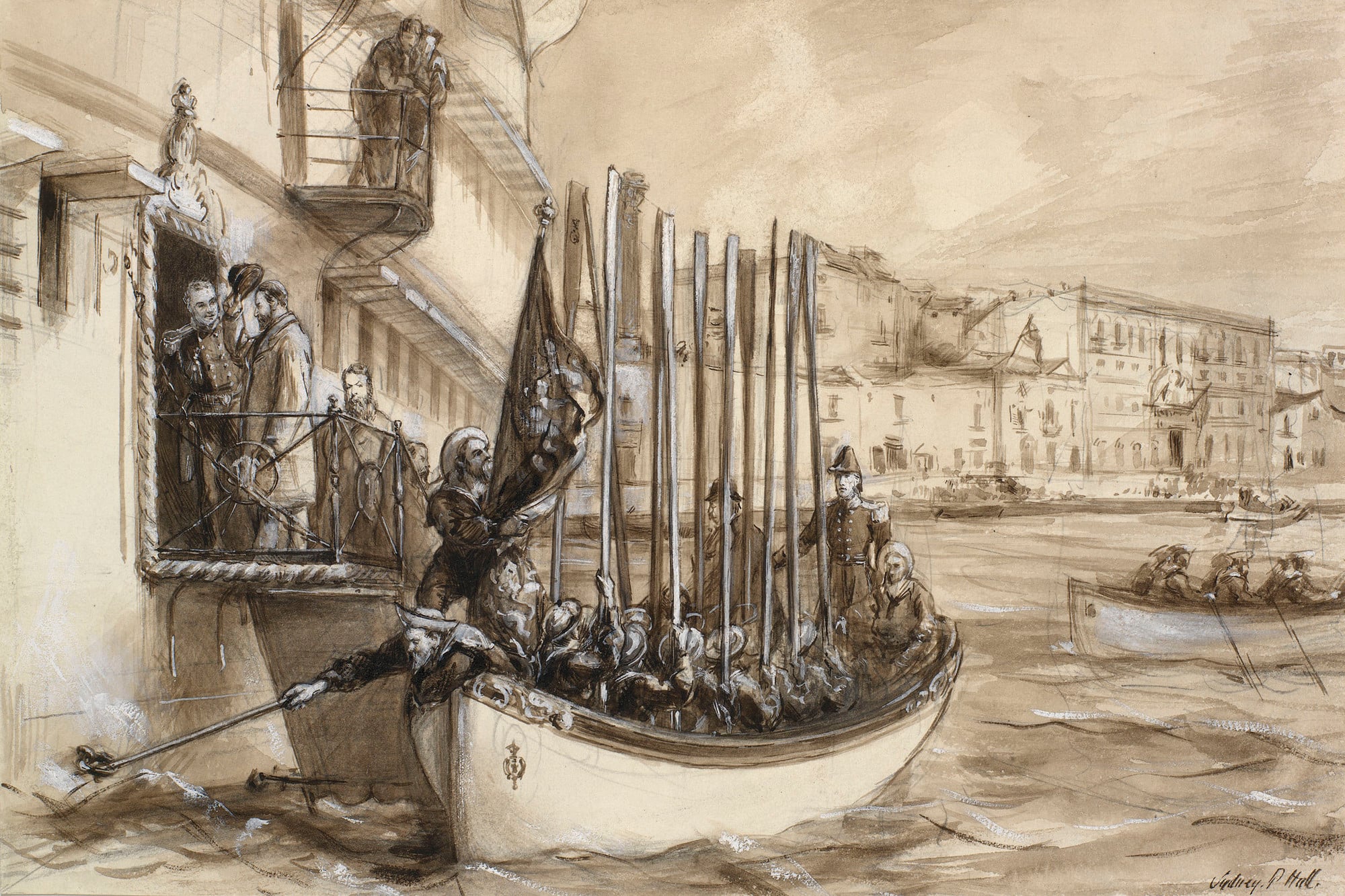 An ink and bodycolour drawing depicting Albert Edward, Prince of Wales, going on board HMS Serapis.