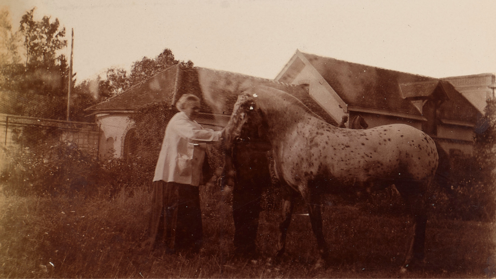 Princess Beatrice (?), Rosa Bonheur and her horse, Panther, 1897 (RCIN 2966264.d) Photograph of Rosa Bonheur with her horse, Panther.