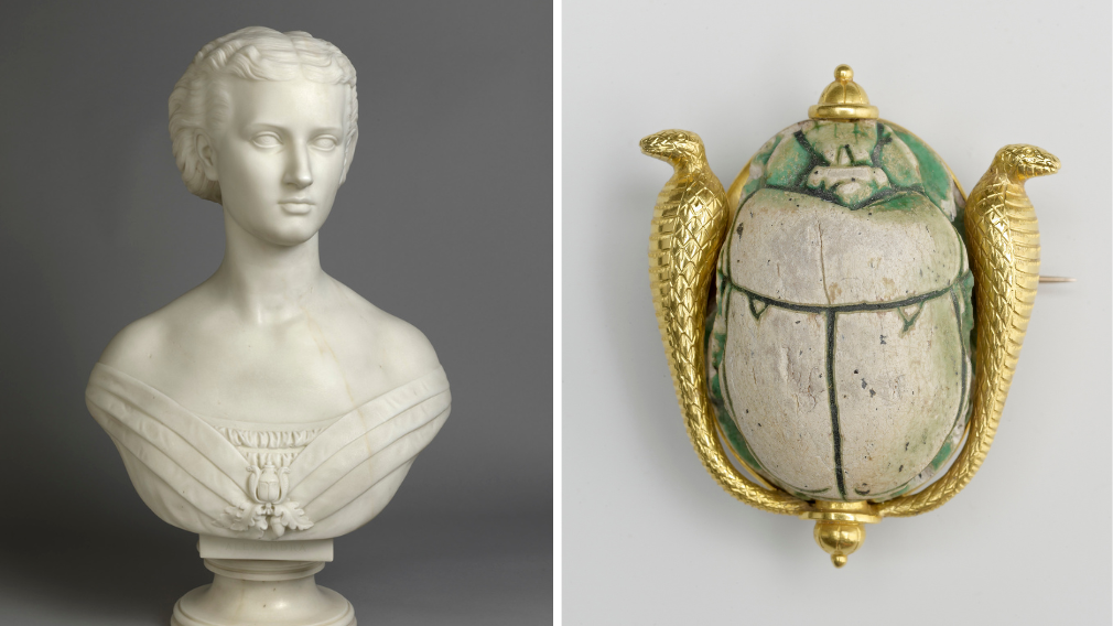 Left: Mary Thornycroft, Queen Alexandra when Princess of Wales, 1863 (RCIN 2094). Right: Phillips Bros & Son (?), Brooch, 1862, the scarab dating from about 700 BC (RCIN 14645) A marble bust of Queen Alexandra when Princess of Wales wearing a low-cut and pleated gown with an ancient Egyptian scarab brooch. A photograph of the gold scarab brooch flanked, on either side, by cobras, is depicted on the right.