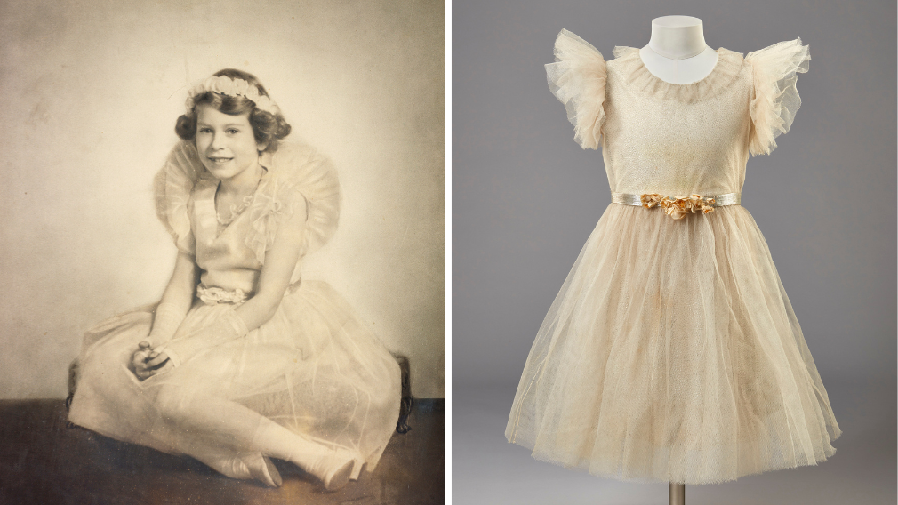 Left: Bridesmaid’s Dress, Edward Molyneux, 1934. Credit: © Royal Collection Enterprises Limited 2025 | Royal Collection Trust. Photographer: Jon Stokes. Right: Queen Elizabeth II when Princess Elizabeth of York , Elliott & Fry, 1934. Queen Elizabeth II (when Princess of York) wearing a bridesmaid dress.