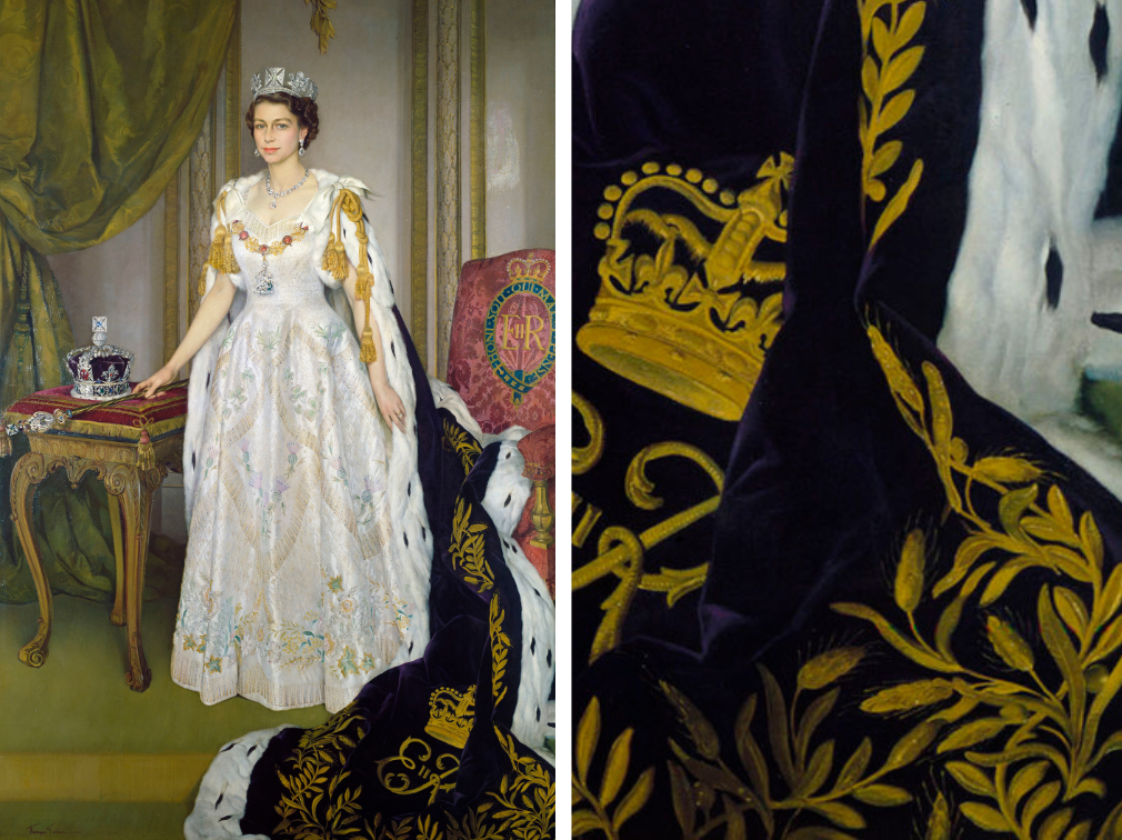 A painting of Queen Elizabeth II, full-length, standing, in Coronation dress and robe, facing slightly to the left. Elizabeth is wearing the George IV diadem and is holding the sceptre in her right hand which rests, with the Imperial State Crown, on a table to the left.