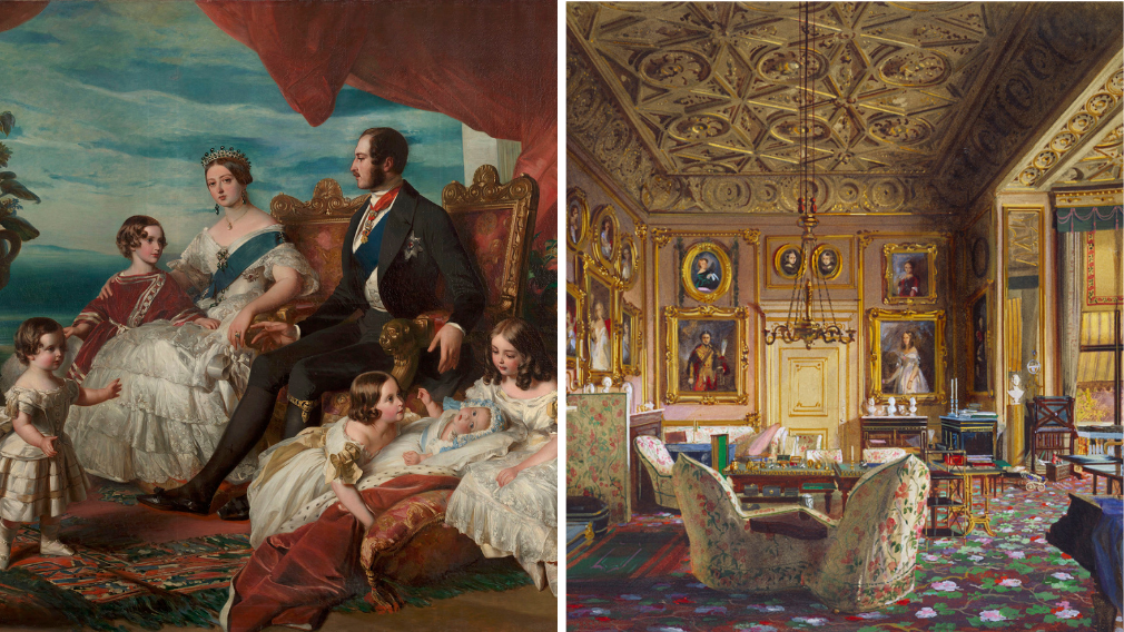 Left: Franz Xaver Winterhalter, The Royal Family in 1846 (detail), 1846 (RCIN 405413). Right: James Roberts, The Queen's Sitting-Room at Buckingham Palace (detail), 1848 (RCIN 919922) A painting of Queen Victoria and her family by Franz Winterhalter (left) and a painting of the Queen's sitting room in 1848 by James Roberts.