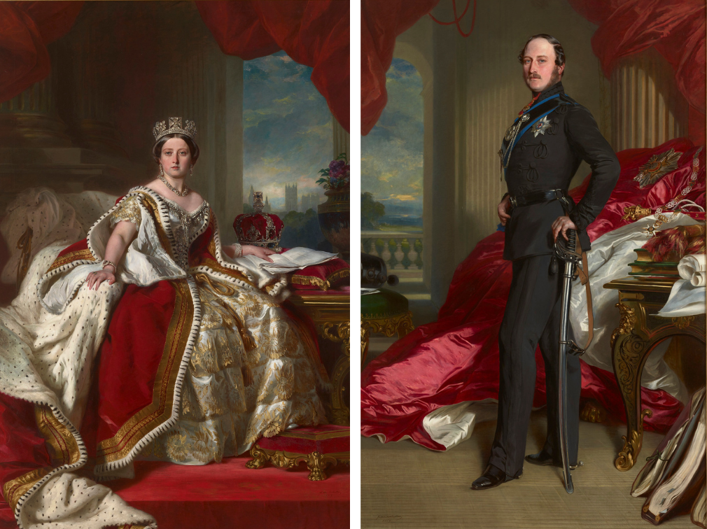 Full-length portrait paintings of Queen Victoria and Prince Albert in coronation regalia.