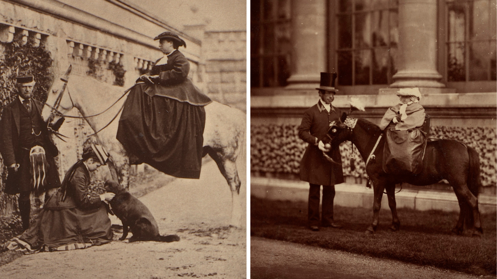 Left: Right: After W & D Downey, Queen Victoria with her groom, John Brown, and Princess Louise, 1868 (RCIN 2901924). Right: Leonida Caldesi, Princess Beatrice taking her first ride on her second birthday, c. 1880 after an original of 14 April 1859 (RCIN 2900172) A painting of the young Queen Victoria on horseback by Sir Edwin Landseer (left) and a photograph of Victoria and Princess Louise in 1868 (left). A photograph of Princess Beatrice taking her first ride on her second birthday (right)