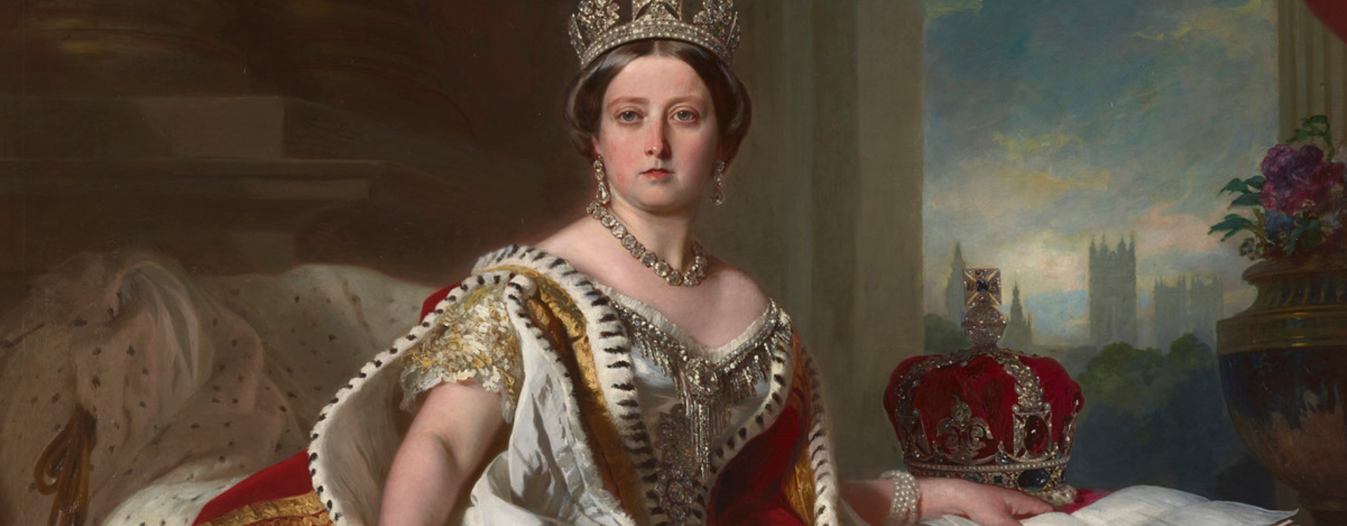 A portrait painting of Queen Victoria in grand costume by Franz Xaver Winterhalter.