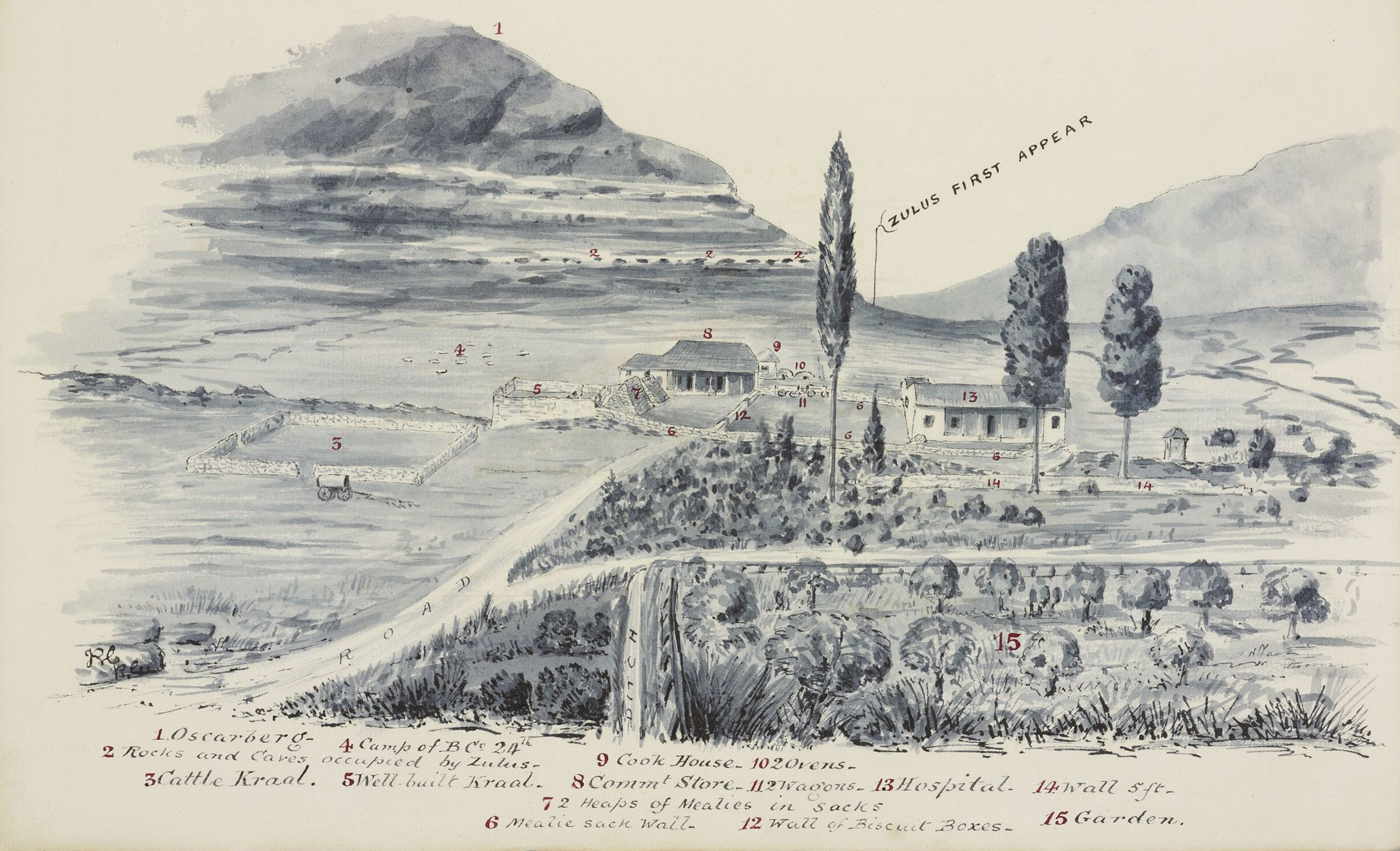 Sketch by Major John Chard depicting the Battle of Rorke's Drift during the Anglo-Zulu War, 22 January 1879. RA VIC/MAIN/O/46 Sketch by Major John Chard depicting the Battle of Rorke's Drift