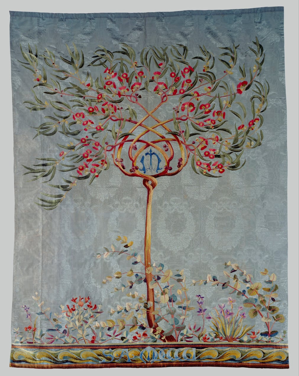 RCIN 21415 - A silk portière A silk portière embroidered with a eucalyptus tree and Australian flowers