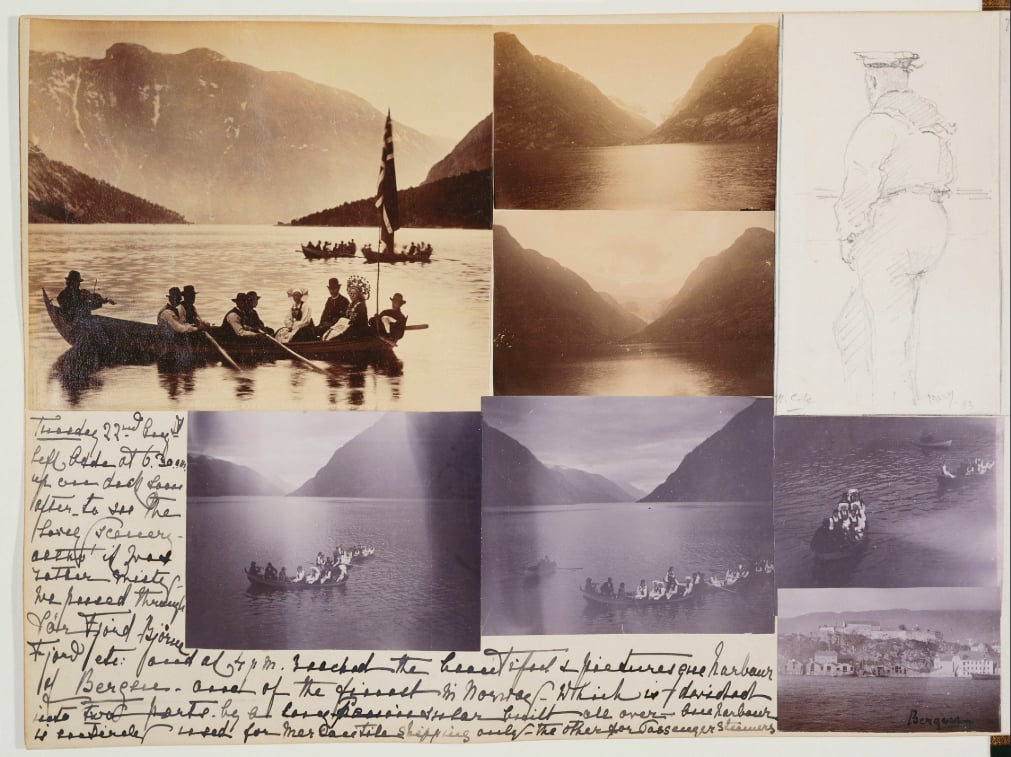 RCIN 2923437 - An annotated page of photographs and sketches from an 1893 Norwegian Cruise album by Queen Alexandra when Princess of Wales An annotated page of photographs and sketches from an 1893 Norwegian Cruise album by Queen Alexandra when Princess of Wales
