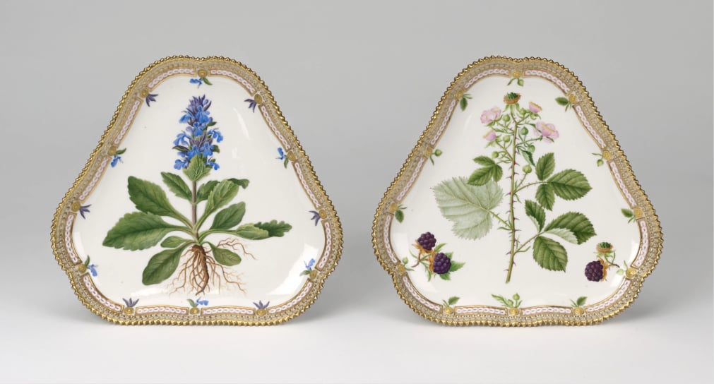 RCIN 58004 - Two of a set of triangular Royal Copenhagen porcelain 'Flora Danica' dishes Two of a set of triangular Royal Copenhagen porcelain 'Flora Danica' dishes