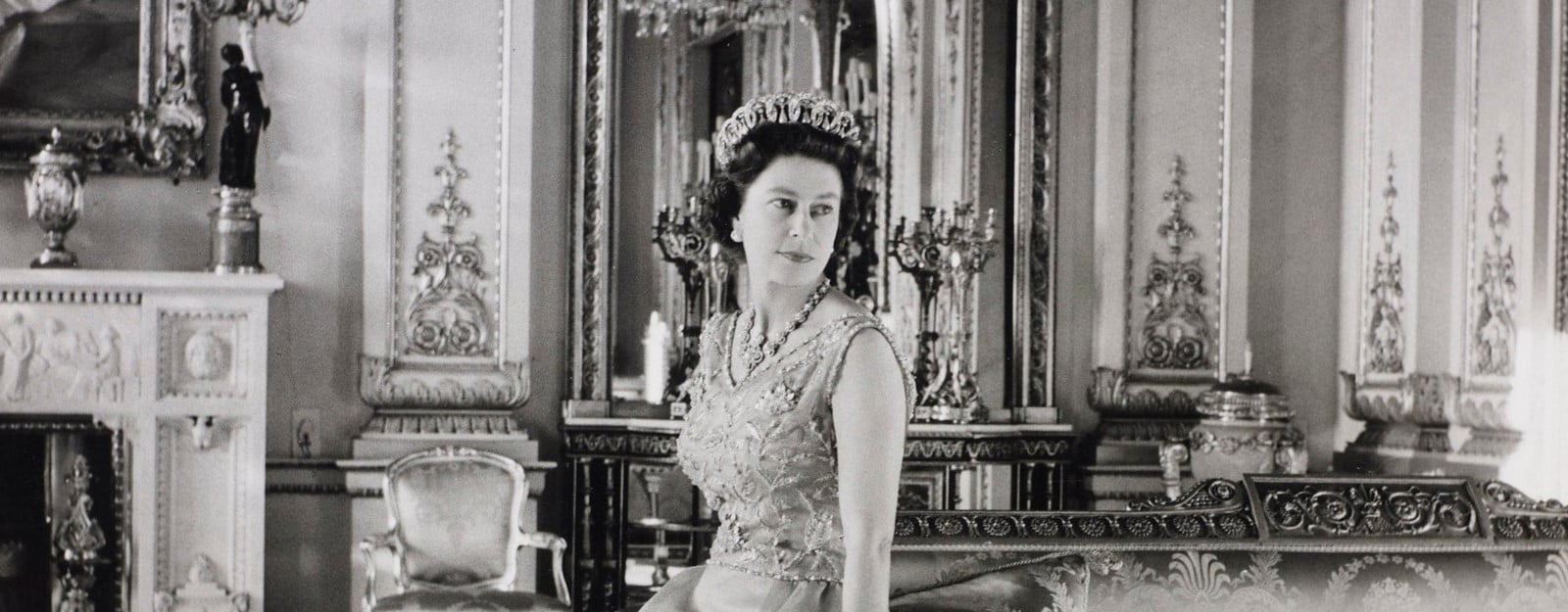 Black and white photograph of a young Queen Elizabeth II