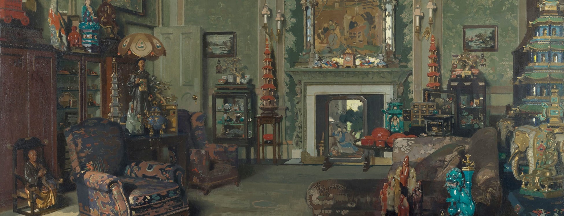 A watercolour of a plush interior in muted green and brown tones.