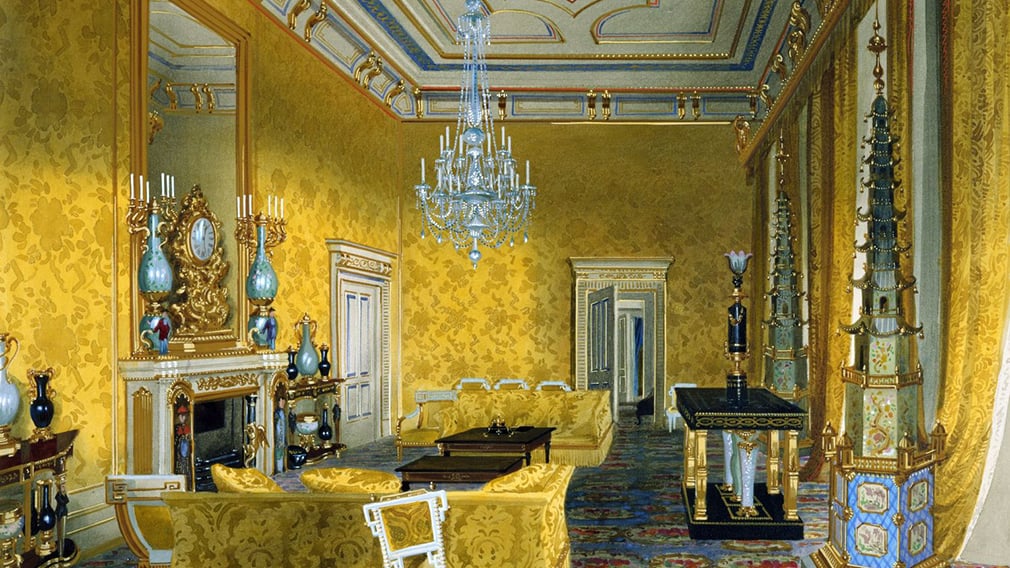 A watercolour of the Yellow Drawing Room.