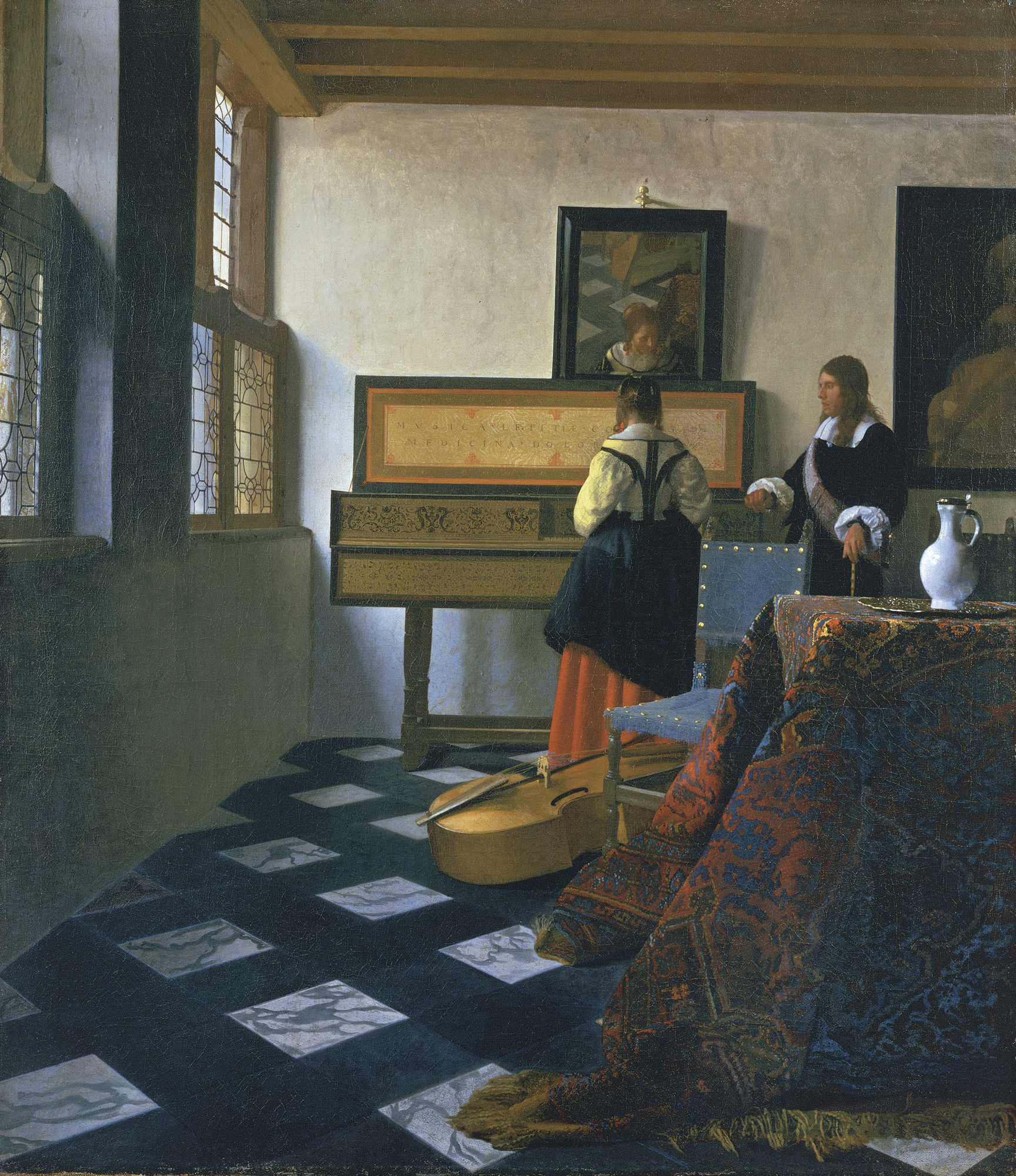 A painting of a young woman who stands by a virginal by Vermeer.