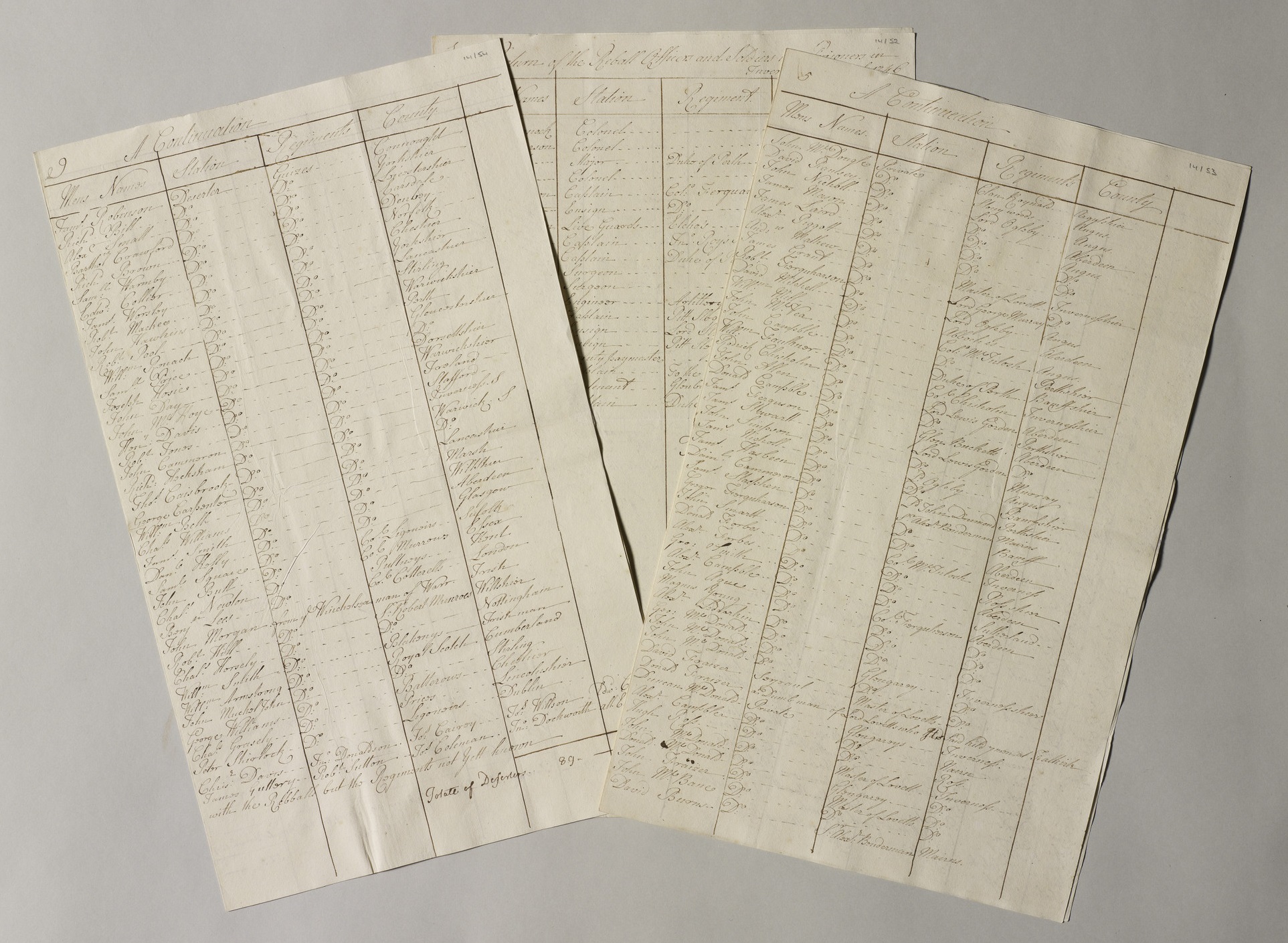 List of the Officers and soldiers of the Jacobite Army who were captured after the Battle of Culloden, 19 April 1746. RA CP/MAIN/14/52-54 List of the Officers and soldiers of the Jacobite Army who were captured after the Battle of Culloden, 19 April 1746
