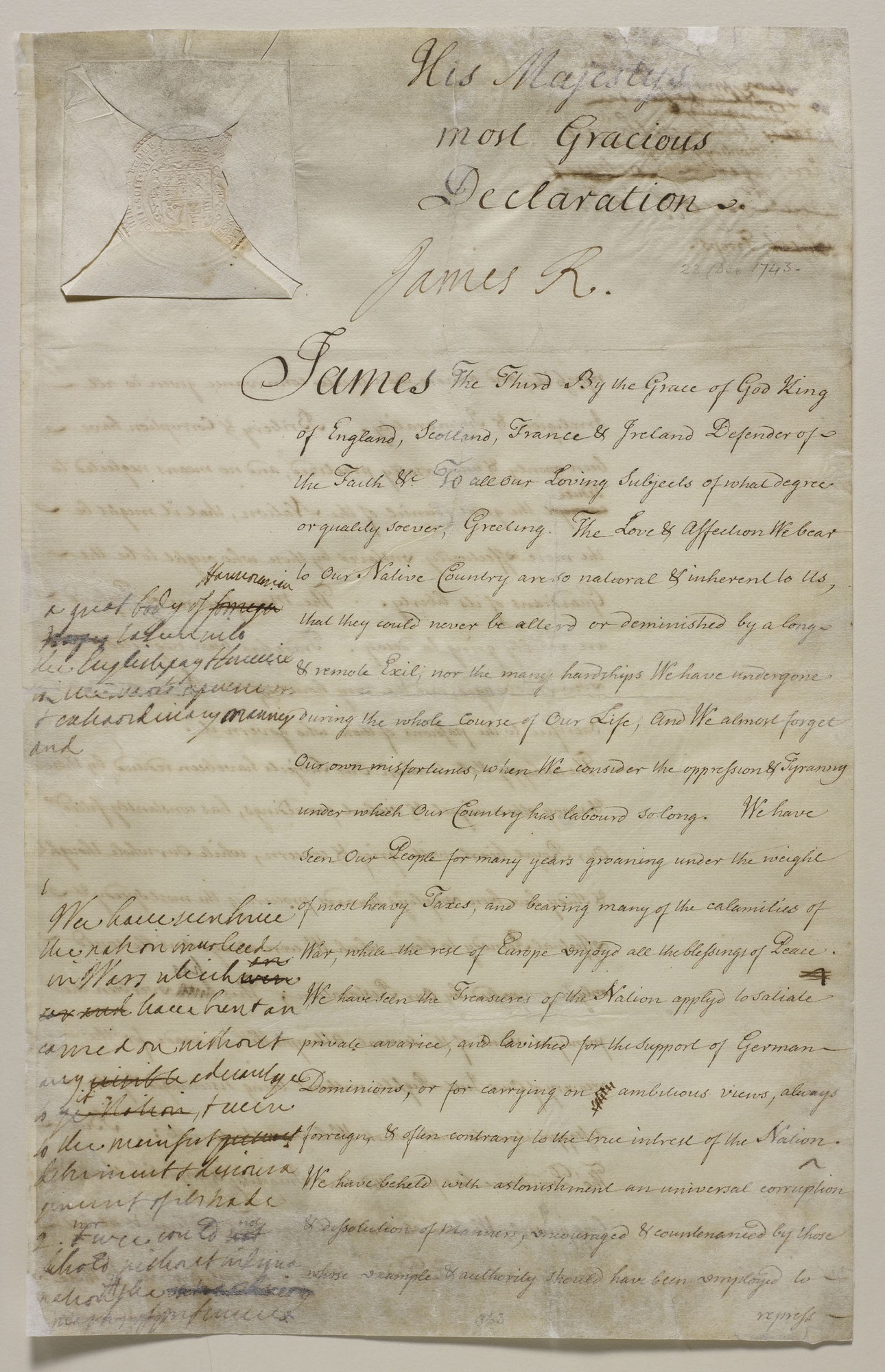 Prince James Stuart's 'Declaration for England', 23 December 1743. RA SP/MAIN/254/92 Prince James Stuart's 'Declaration for England', 23 December 1743