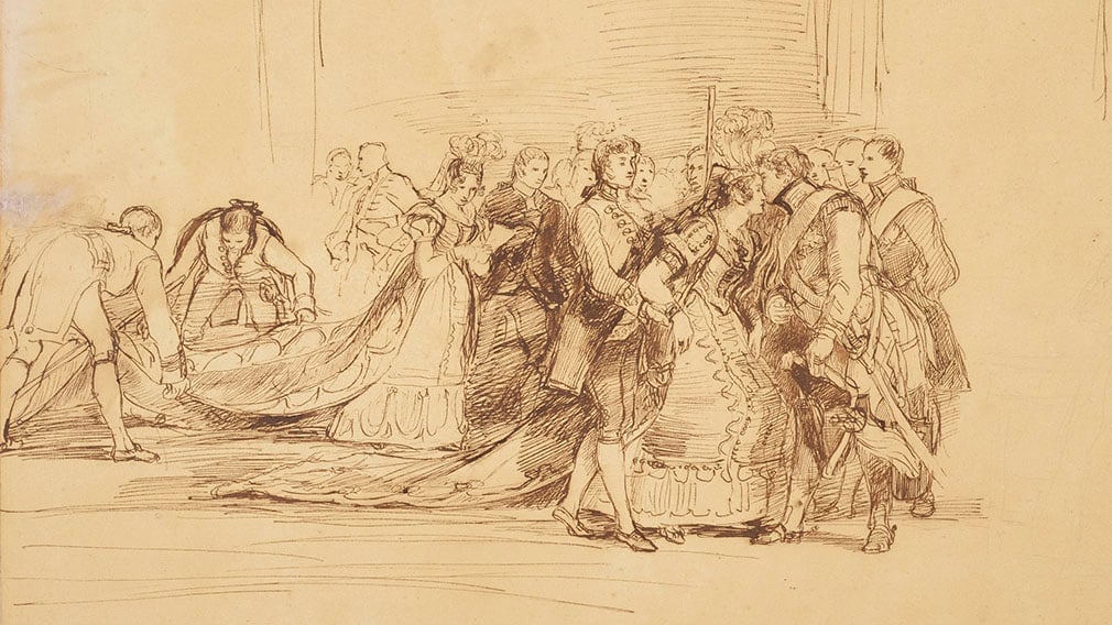 A ink drawing of people in Georgian dress.