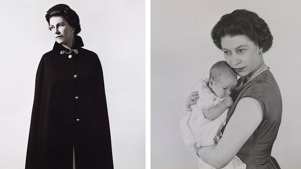 Queen Elizabeth II in her admiral's cloak (RCIN 2999826) and holding one of her children (RCIN 2153191) Queen Elizabeth II in a black cloak and holding an one of her children