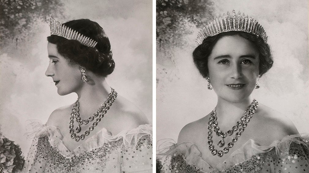 Queen Elizabeth The Queen Mother wearing a Norman Hartnell silk tulle dress (RCIN 2315118 and 2315119) Woman wearing tiara, diamond necklace and white dress.