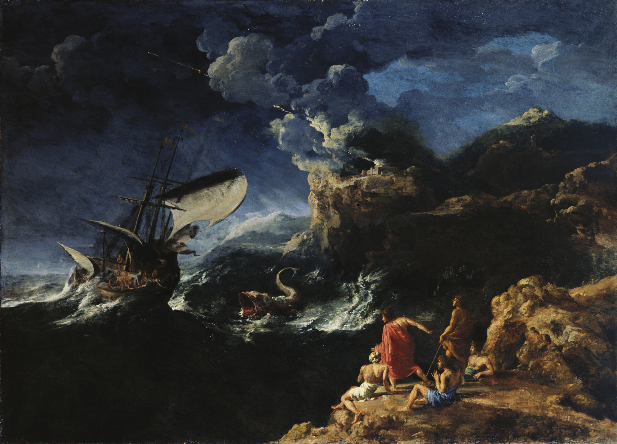 A painting of storm scene by Gaspard Dughet. Jonah offers himself and is thrown overboard.