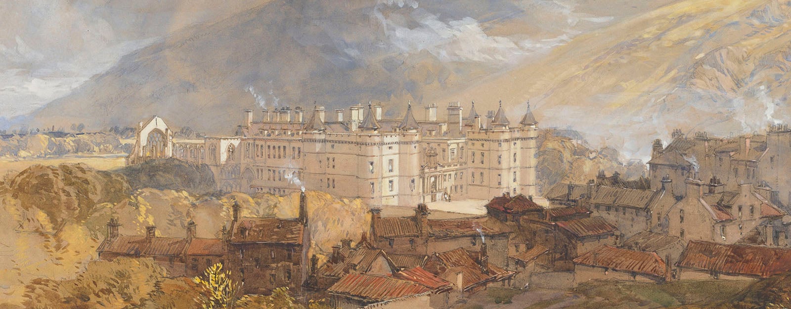 The Palace of Holyroodhouse c. 1845-55 (RCIN 919566) Watercolour of the exterior of a large palace with surrounding houses and countryside.