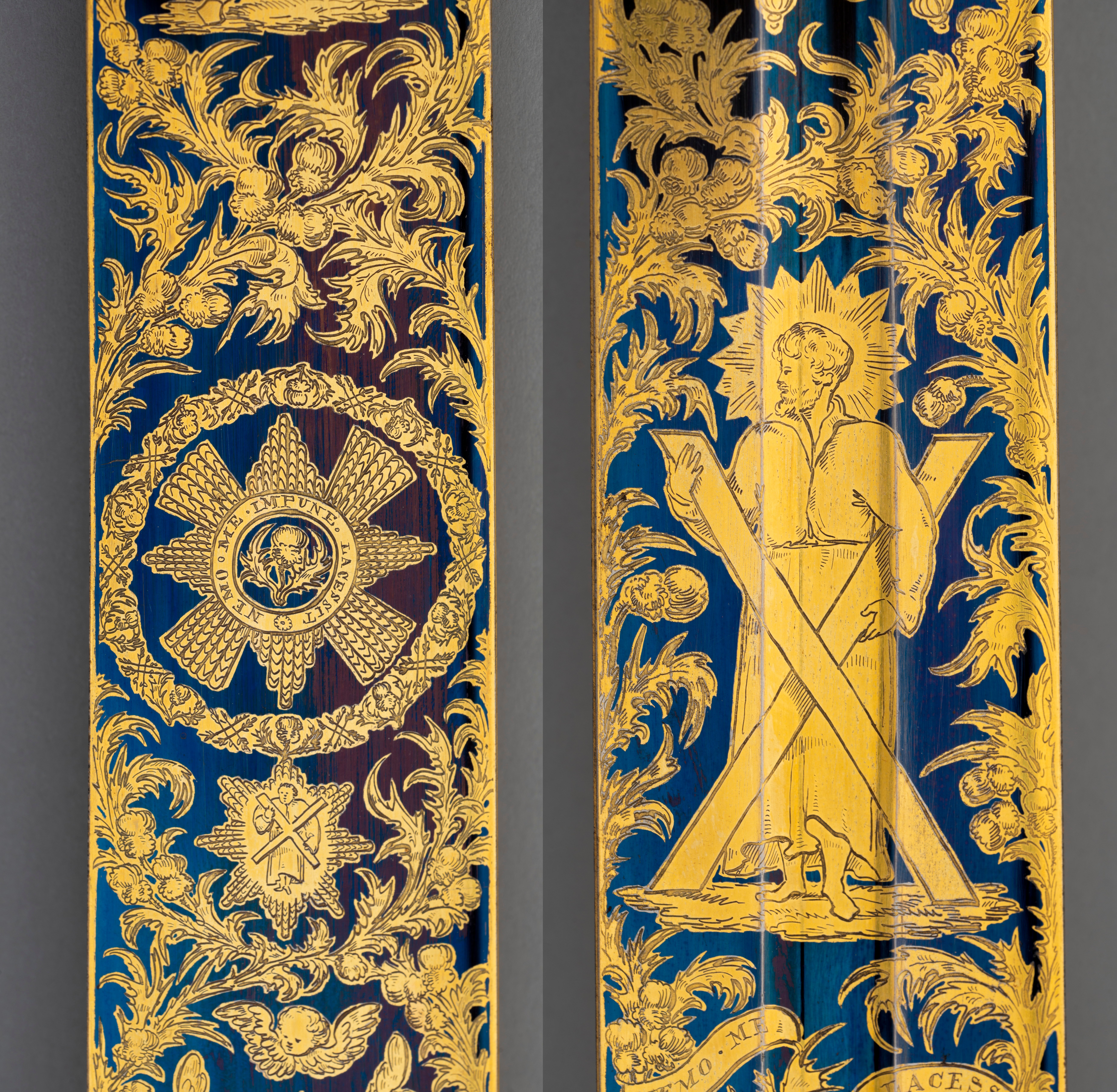 Close up images of the blade of a sword. The sword is blue with gold details.
