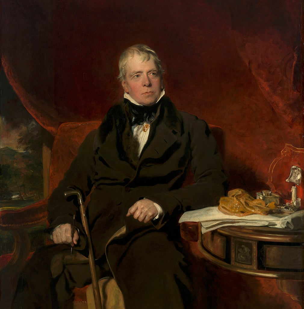 A painting of seated man with grey hair wearing black clothes