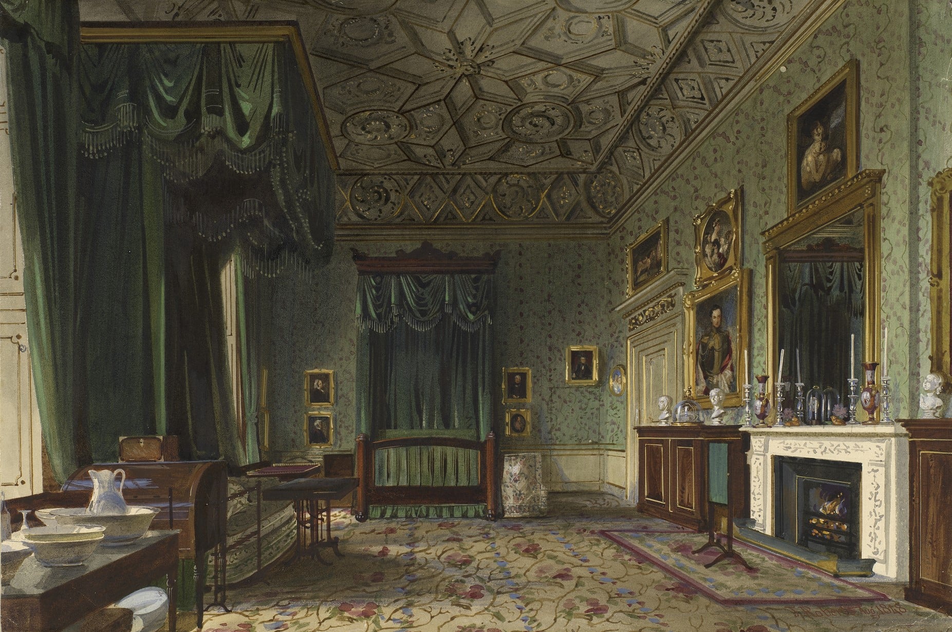 James Roberts, Buckingham Palace: the Queen's Bedroom, 1848 (RCIN 91992) James Roberts watercolour of Queen Victoria's bedroom.