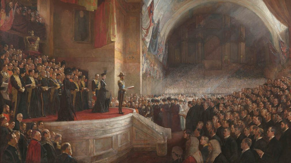 Tom Roberts, The Opening of the First Parliament of the Commonwealth of Australia, 9th May 1901 c. 1901-3 (RCIN 407587) A painting of Duke of York (the future George V) standing on a dais at the opening of the first parliament of the Commonwealth of Australia.
