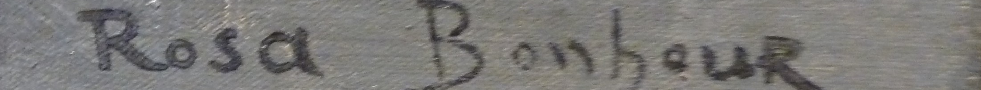A stamped signature in the lower right corner of Bonheur's Lion's Head. A stamped signature in the lower right corner of Rosa Bonheur's Lion's head