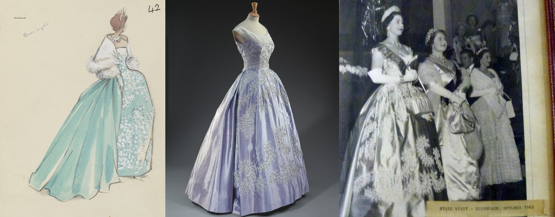 Fashion illustration, dress and Queen Elizabeth II wearing dress