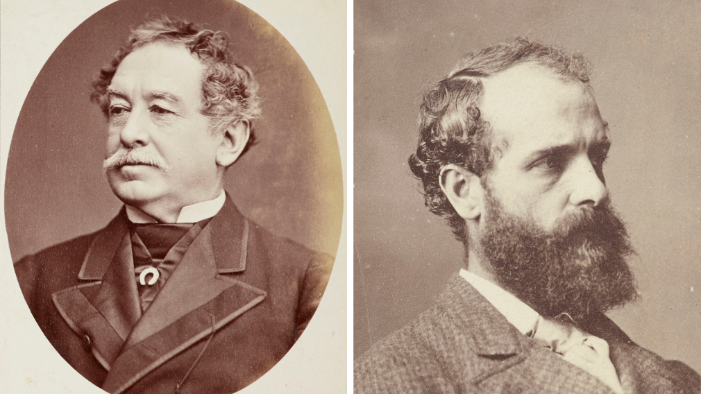 A head and shoulders portrait photograph of Sir William Howard Russell (left) and a head and shoulders photograph of Sydney Prior Hall (right)