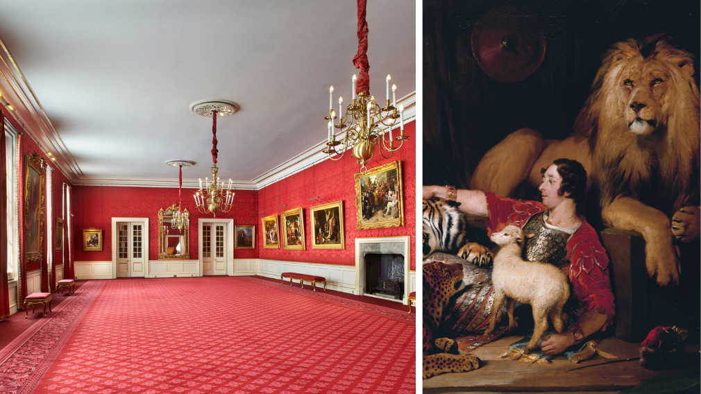 A photograph of the Picture Gallery at St James's Palace and Sir Edwin Landseer's painting of  Isaac van Amburgh and his Animals.