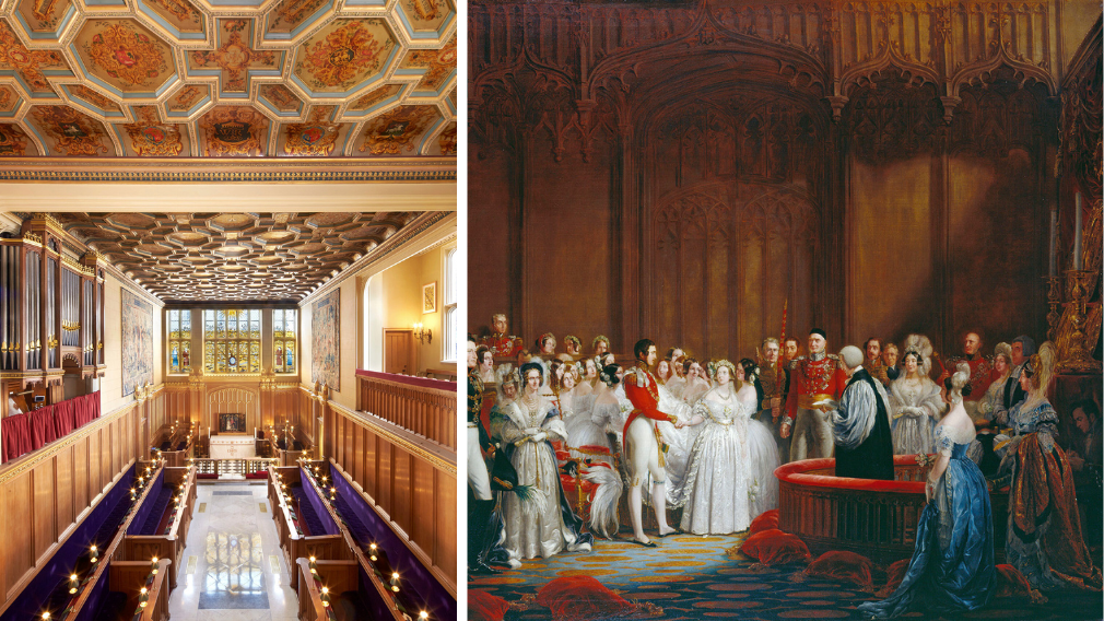 Left: a photograph of the Chapel Royal. Right: a painting of the Marriage of Queen Victoria by Sir George Hayter.