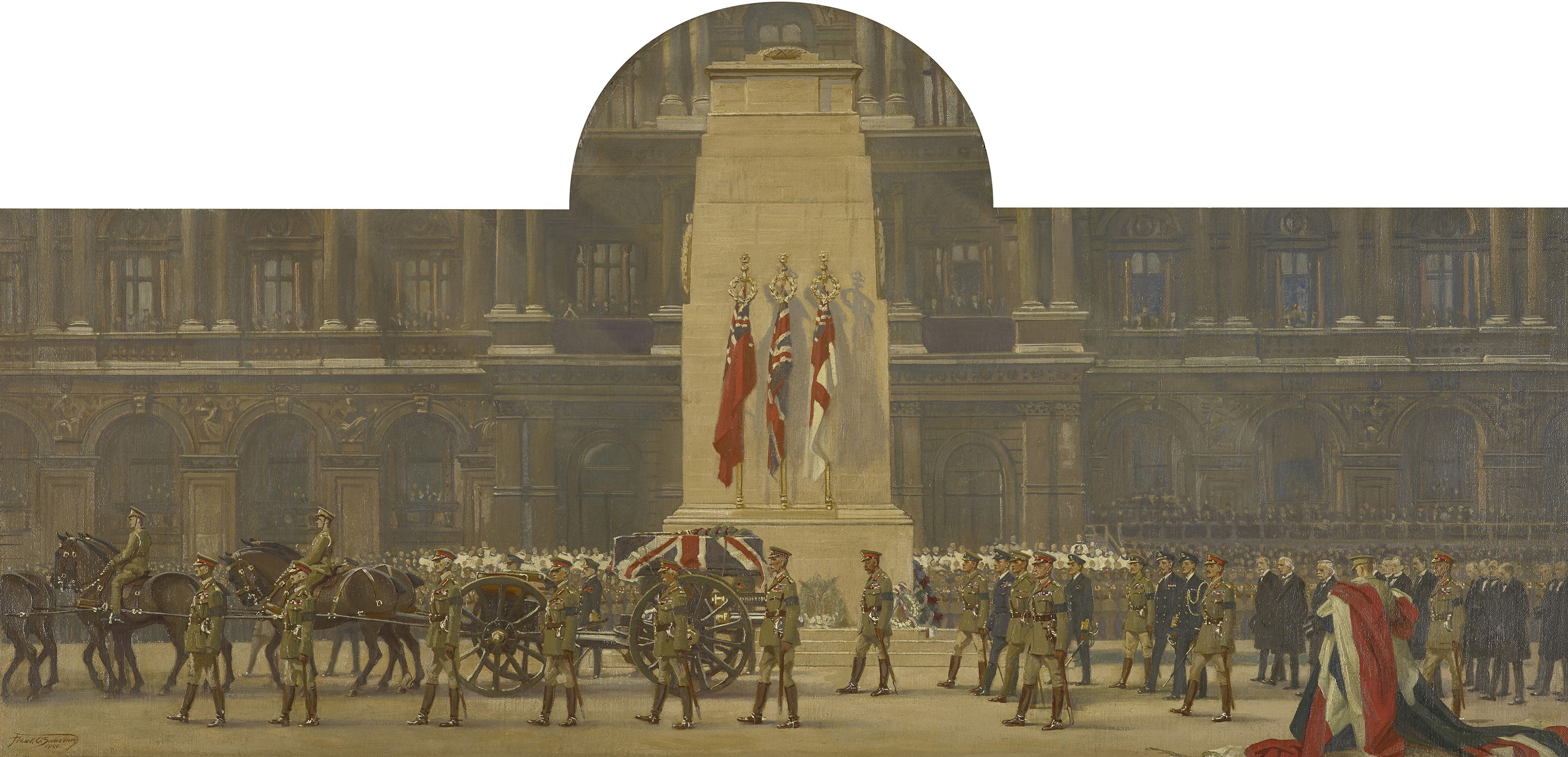 Frank O. Salisbury, The Passing of the Unknown Warrior, King George V as Chief Mourner, Whitehall, 11 November 1920 (RCIN 404458) A view of the procession to the Unknown Warrior passing Lutyens' Cenotaph in Whitehall by Frank O. Salisbury.