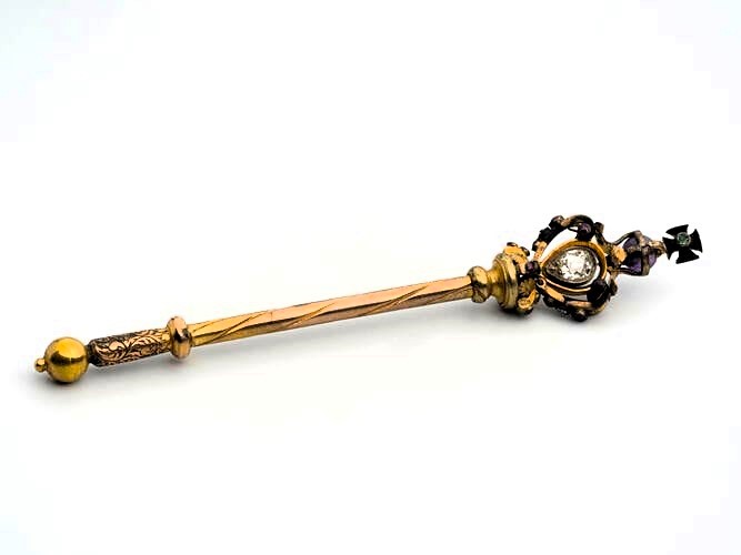 Miniature Sceptre of silver gilt inset with diamond, rubies, emerald and amethysts Miniature Sceptre of silver gilt inset with diamond, rubies, emerald and amethysts RCIN 230803