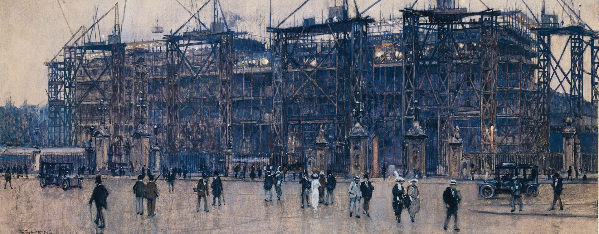 A watercolour painting of Buckingham Palace behind scaffolding