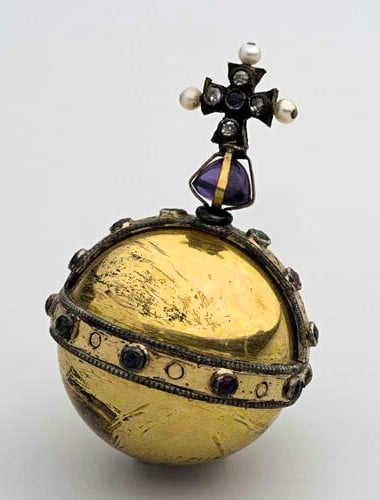 Miniature copy of the Sovereign's Orb of silver gilt mounted with amethyst, rubies, emeralds, sapphires, diamonds and seed pearls. Miniature copy of the Sovereign's Orb of silver gilt mounted with amethyst, rubies, emeralds, sapphires, diamonds and seed pearls. RCIN 230799