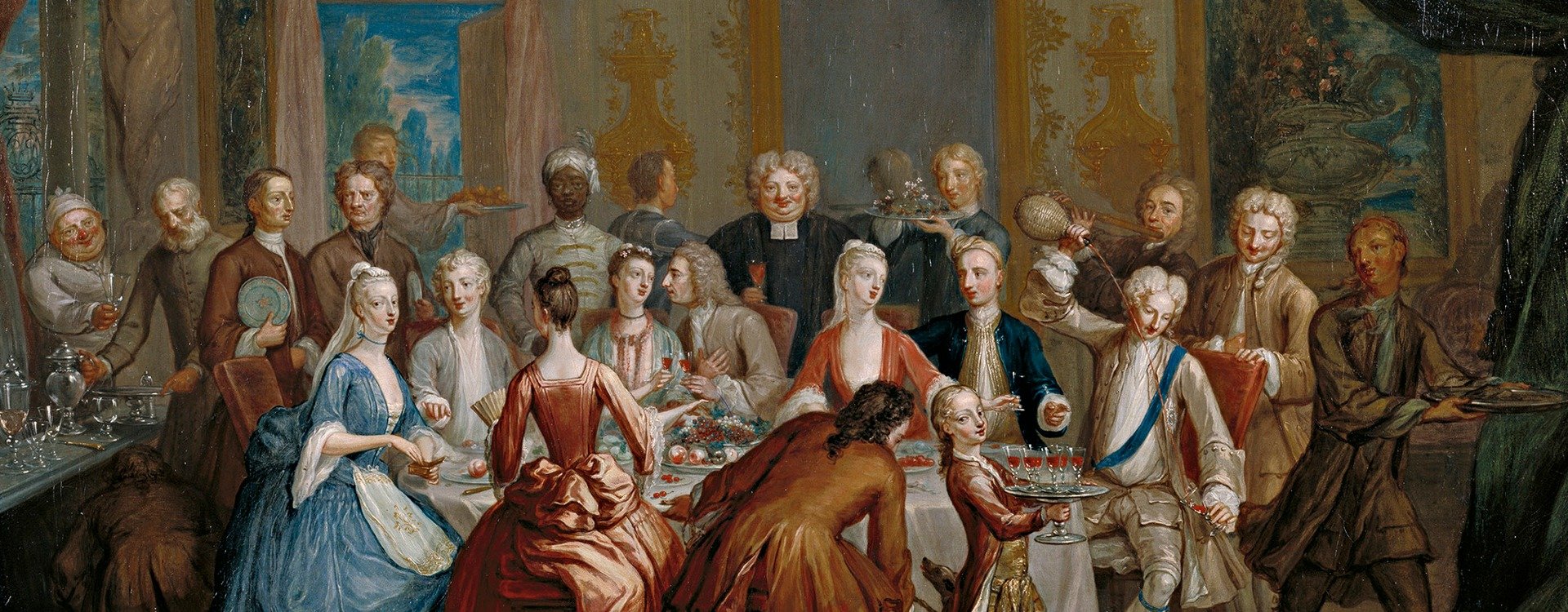 A painting of many people gathered around a banquet table