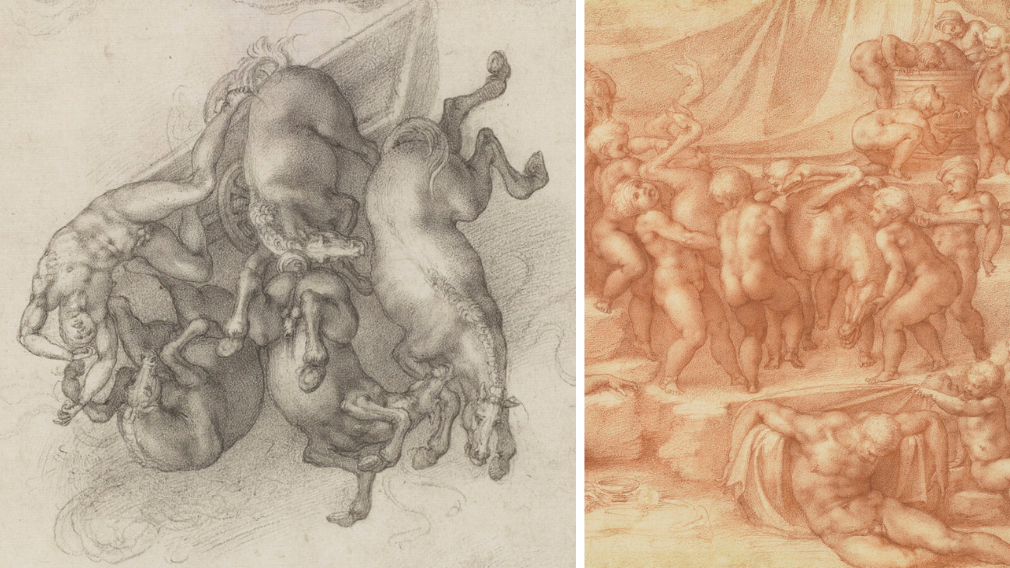 Left: The Fall of Phaethon (detail), 1533 (RCIN 912766). Right: A Children's Bacchanal (detail), 1533 (RCIN 912777) Detail from Michelangelo's The Fall of Phaethon and A Children's Bacchanal